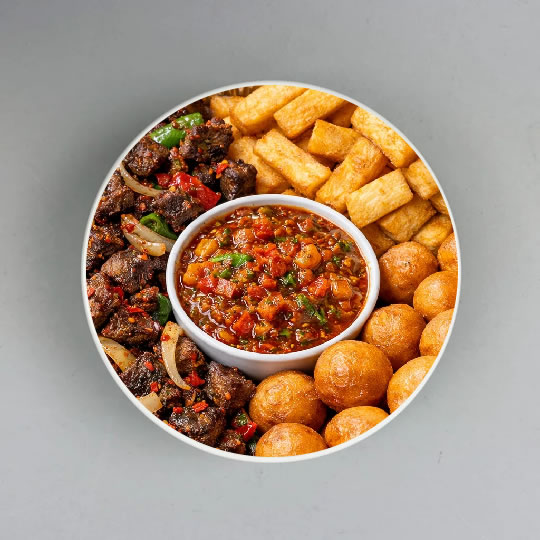 Asun with Fried Yam & Sauce (Puff Puff Tray)